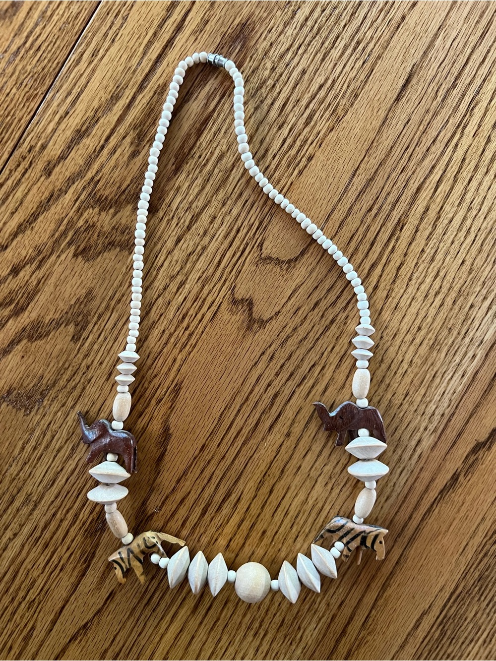 Wood Beaded Necklace Animal Charm Pendant Beige Brown Barrel Clasp